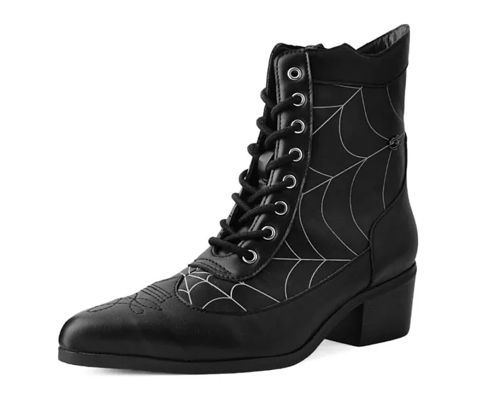 Black Victorian 8Eye Spiderweb Pointed Anarchic Heel Women TUK Shoes Boots