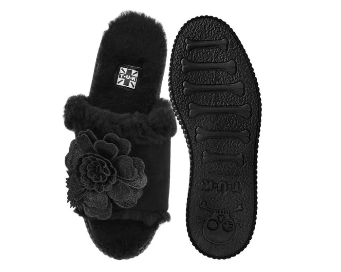 Black Wool Flower Slide Women TUK Shoes Platforms Black Wool Flower Slide Women TUK Shoes Platforms