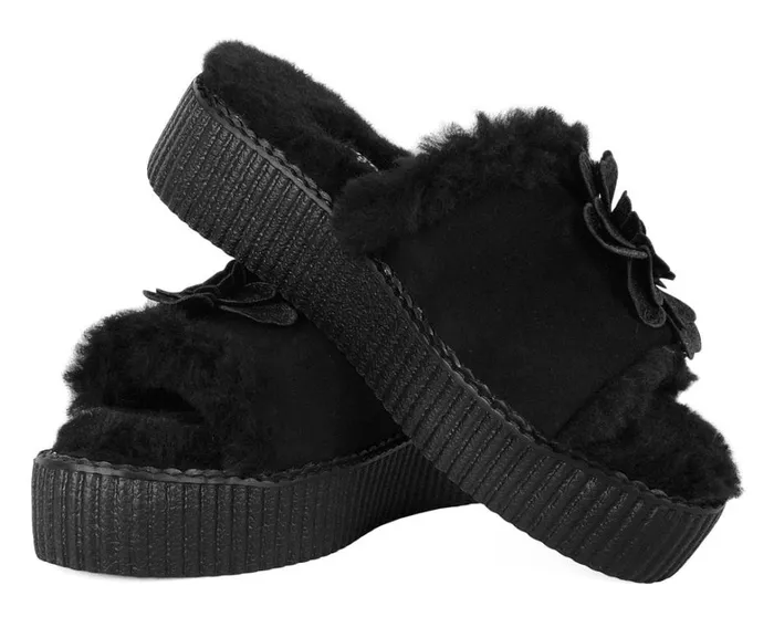 Black Wool Flower Slide Women TUK Shoes Platforms Black Wool Flower Slide Women TUK Shoes Platforms