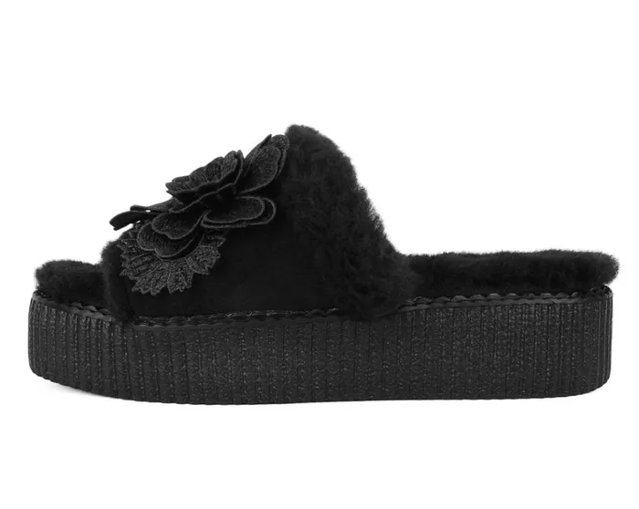 Black Wool Flower Slide Women TUK Shoes Platforms Black Wool Flower Slide Women TUK Shoes Platforms