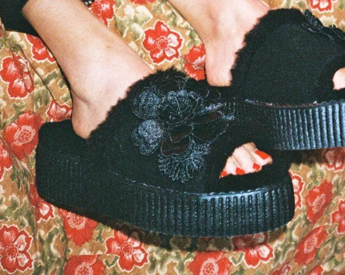 Black Wool Flower Slide Women TUK Shoes Platforms Black Wool Flower Slide Women TUK Shoes Platforms
