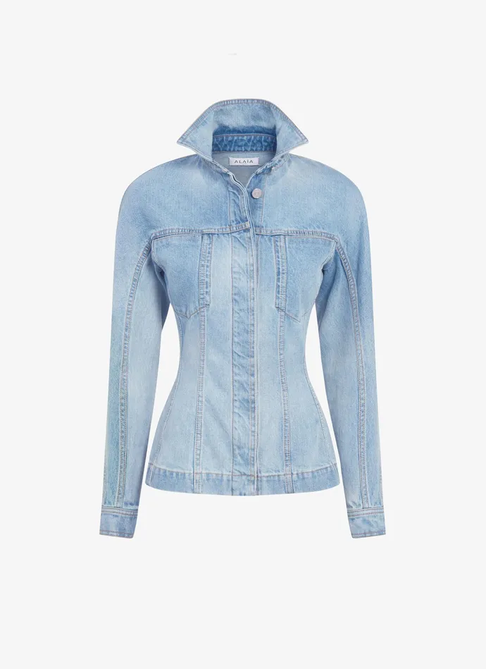 Blue Fitted Denim Jacket Women Alaa Coats and Jackets