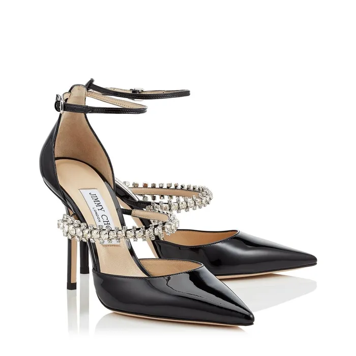 Bobbie 100 Black Patent Leather Pointy Toe Pumps With Crystal Strap Black Women JIMMY CHOO Pumps