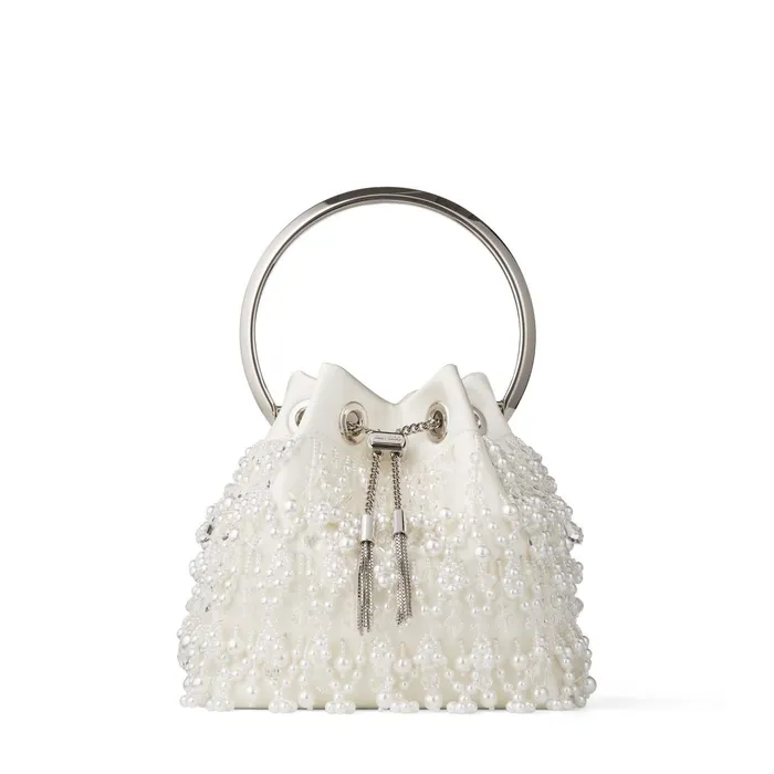 Bon Bon Latte Satin Bag With Pearl Embroidery And Metal Handle Latte Women JIMMY CHOO Evening Bags Bon Bon Latte Satin Bag With Pearl Embroidery And Metal Handle Latte Women JIMMY CHOO Evening Bags