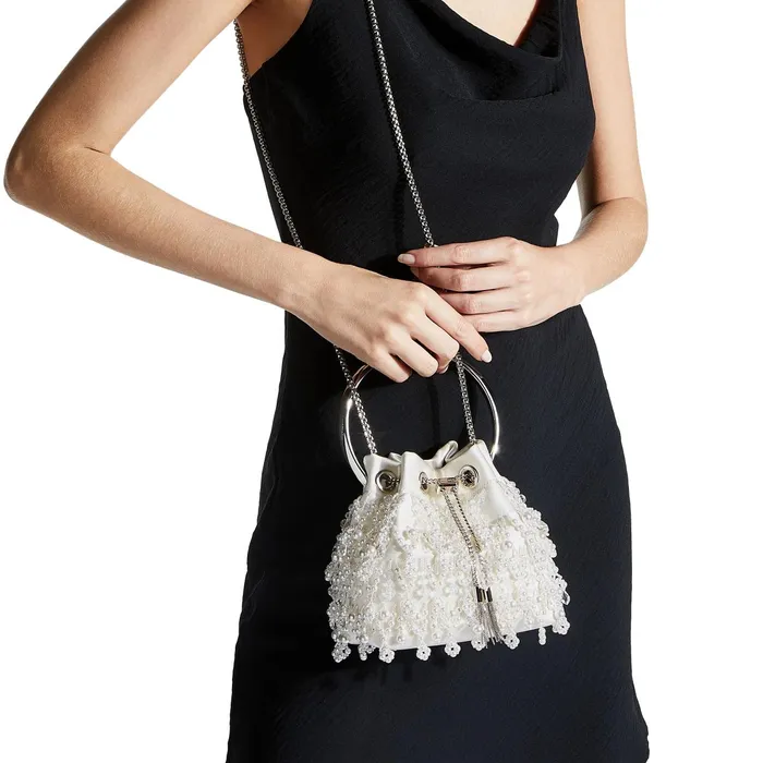 Bon Bon Latte Satin Bag With Pearl Embroidery And Metal Handle Latte Women JIMMY CHOO Evening Bags