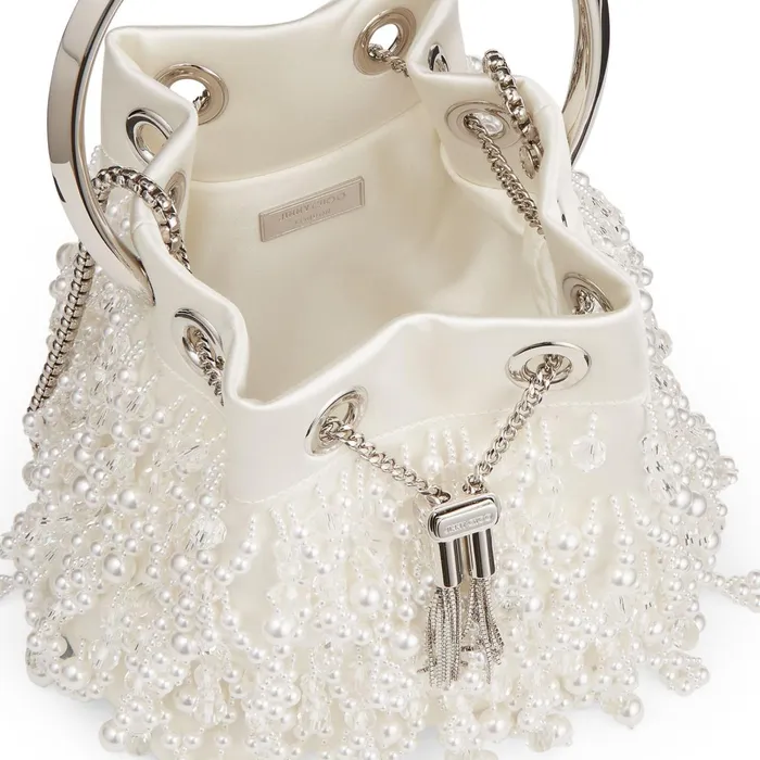 Bon Bon Latte Satin Bag With Pearl Embroidery And Metal Handle Latte Women JIMMY CHOO Evening Bags