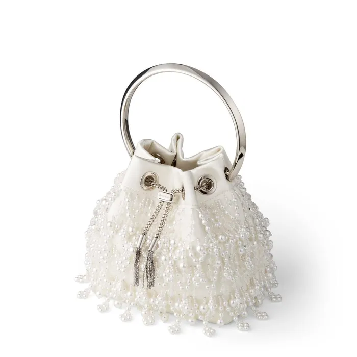 Bon Bon Latte Satin Bag With Pearl Embroidery And Metal Handle Latte Women JIMMY CHOO Evening Bags
