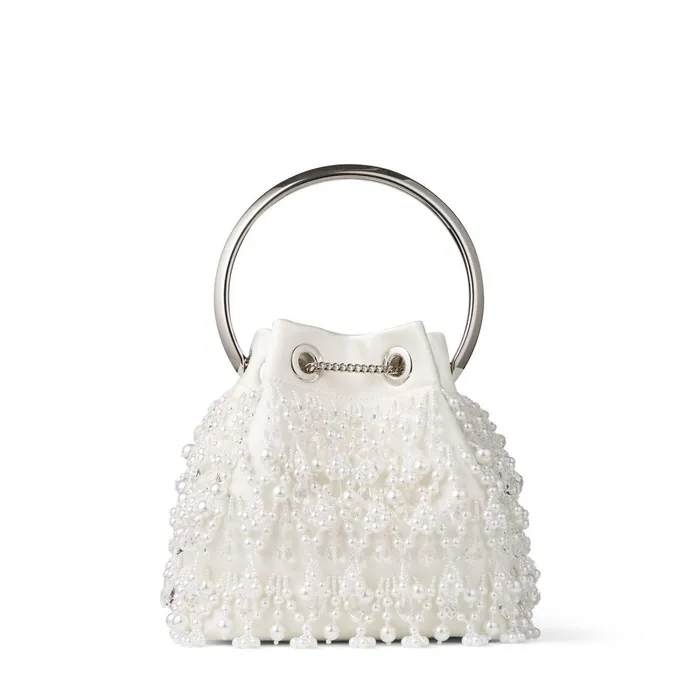 Bon Bon Latte Satin Bag With Pearl Embroidery And Metal Handle Latte Women JIMMY CHOO Evening Bags