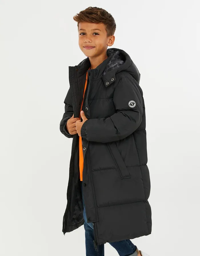 Boys Black Longline Padded Puffer Jacket Black Threadbare Jackets and Coats
