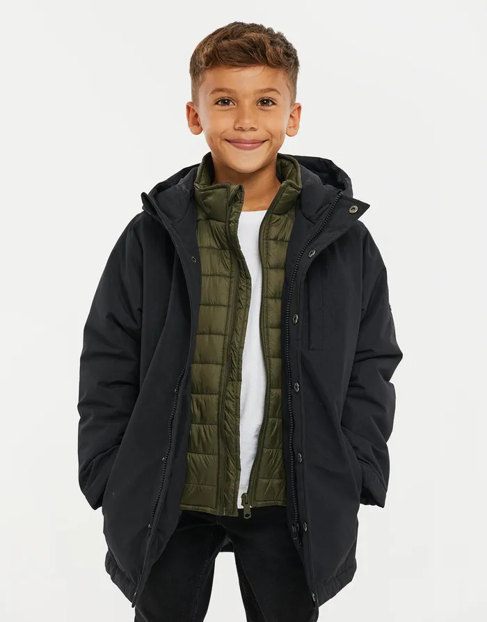 Boys Black Mock Layer Coat Black Threadbare Jackets and Coats