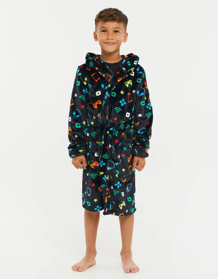 Boys Navy Gamer Print Dressing Gown Navy Threadbare Loungewear