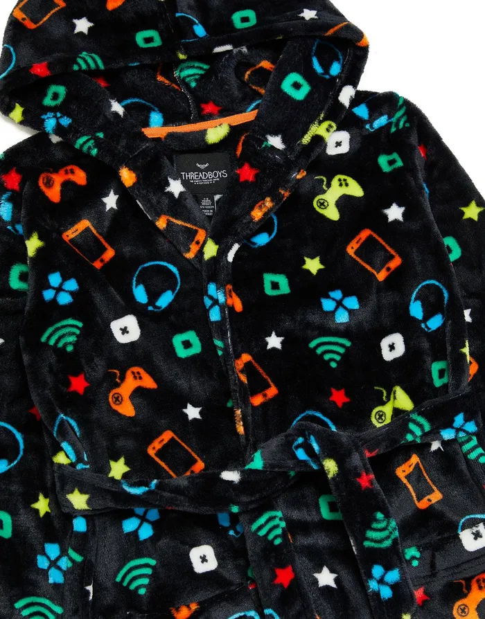 Boys Navy Gamer Print Dressing Gown Navy Threadbare Loungewear Boys Navy Gamer Print Dressing Gown Navy Threadbare Loungewear