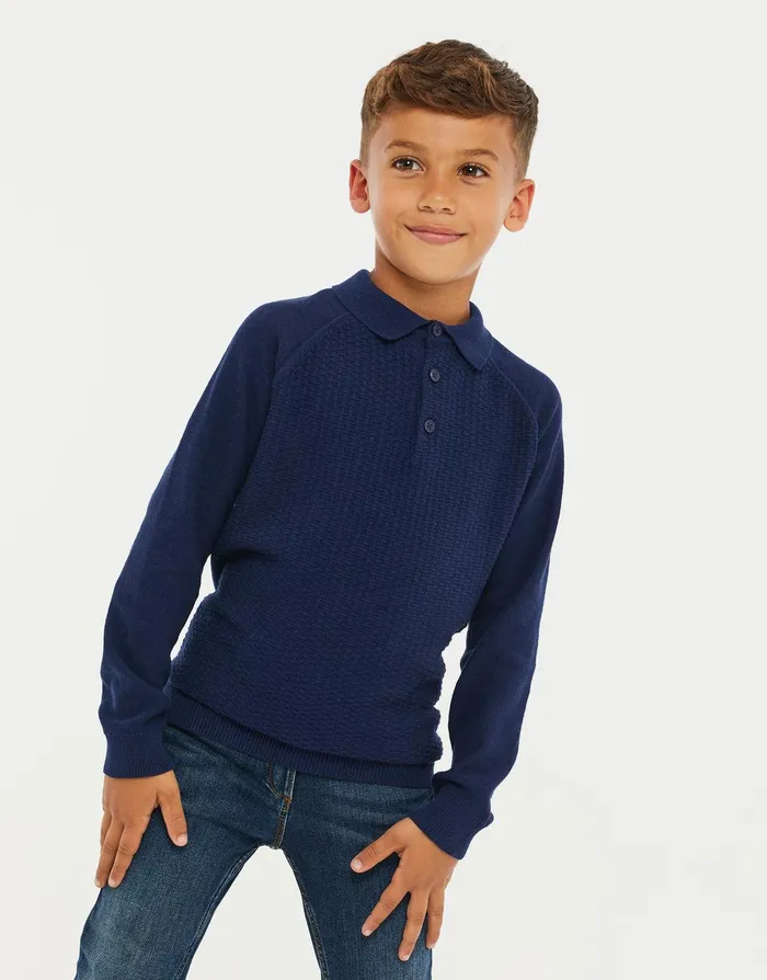 Boys Navy Knitted Polo Jumper Navy Threadbare Knitwear