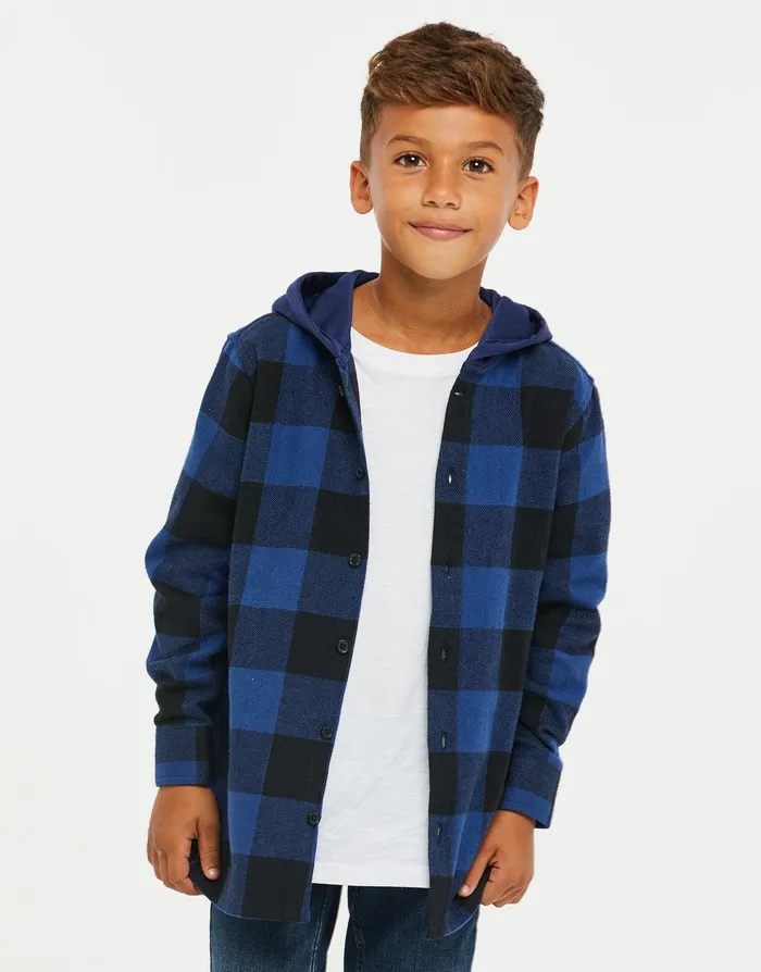 Boys Royal Blue Check Hooded Long Sleeve Shirt Royal Blue Threadbare Shirts