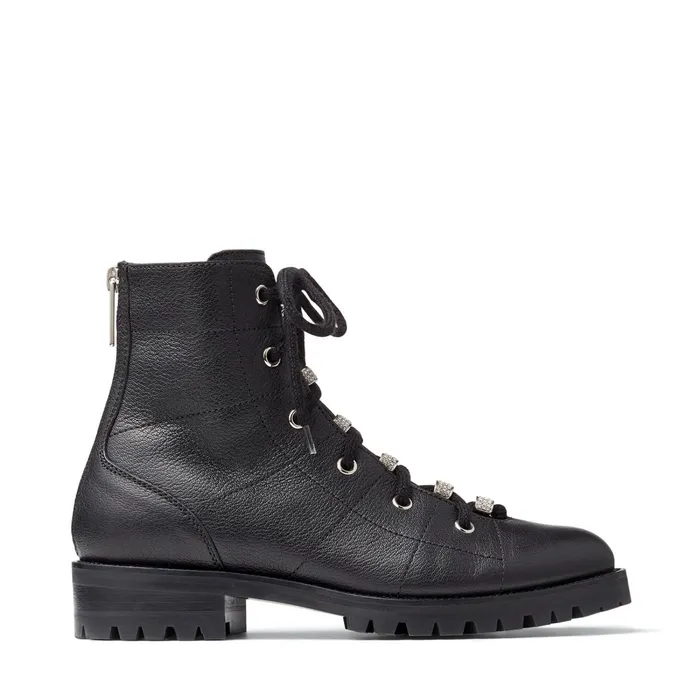 Bren Flat Black Grained Leather LaceUp Biker Boots With Crystal Embellishment Blacksilver Women JIMMY CHOO Boots Bren Flat Black Grained Leather LaceUp Biker Boots With Crystal Embellishment Blacksilver Women JIMMY CHOO Boots