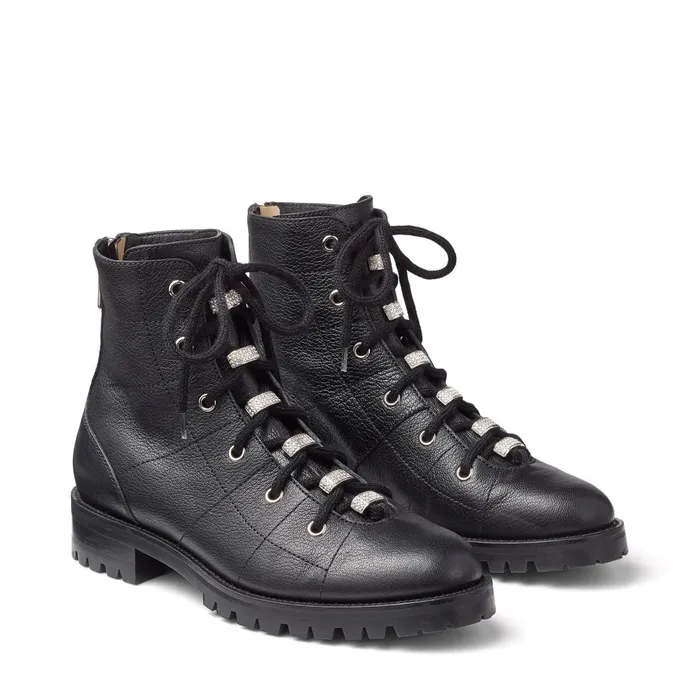 Bren Flat Black Grained Leather LaceUp Biker Boots With Crystal Embellishment Blacksilver Women JIMMY CHOO Boots Bren Flat Black Grained Leather LaceUp Biker Boots With Crystal Embellishment Blacksilver Women JIMMY CHOO Boots