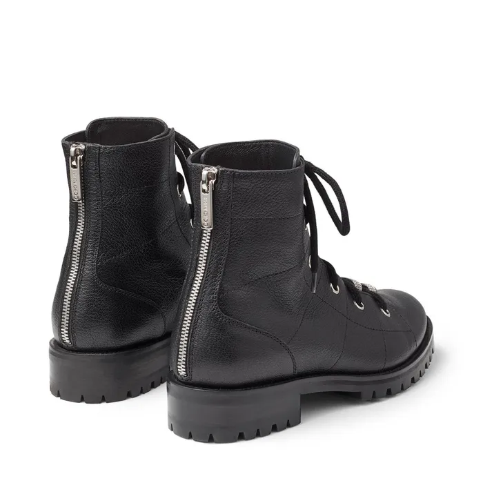Bren Flat Black Grained Leather LaceUp Biker Boots With Crystal Embellishment Blacksilver Women JIMMY CHOO Boots Bren Flat Black Grained Leather LaceUp Biker Boots With Crystal Embellishment Blacksilver Women JIMMY CHOO Boots
