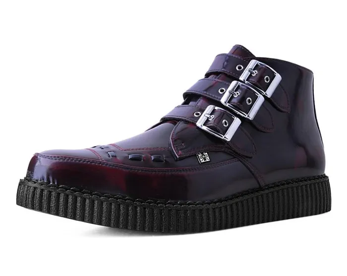 Burgundy RubOff 3Buckle Pointed Creeper Boot Men TUK Shoes Vegan
