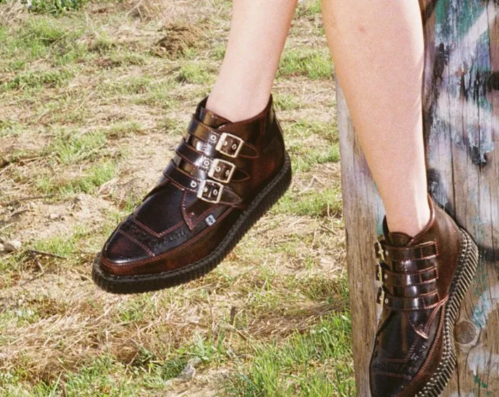 Burgundy RubOff 3Buckle Pointed Creeper Boot Men TUK Shoes Vegan