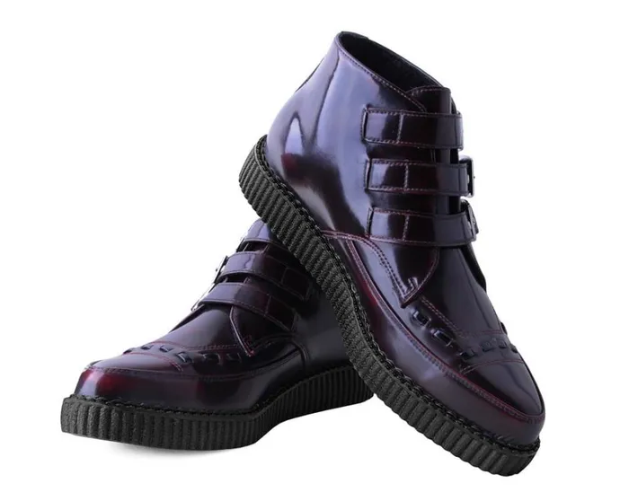 Burgundy RubOff 3Buckle Pointed Creeper Boot Men TUK Shoes Vegan