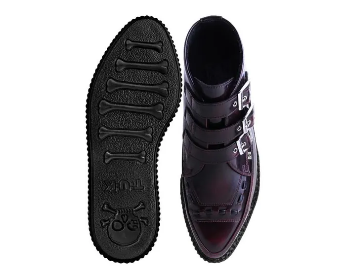 Burgundy RubOff 3Buckle Pointed Creeper Boot Men TUK Shoes Vegan