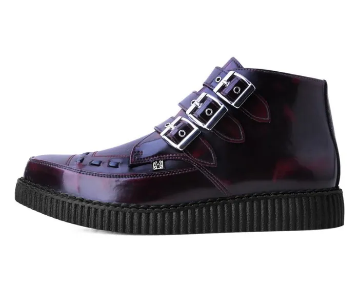 Burgundy RubOff 3Buckle Pointed Creeper Boot Men TUK Shoes Vegan