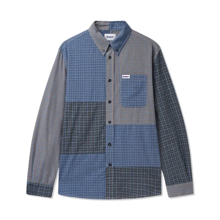 Butter Goods Shirts Men Patchwork Plaid LS Shirt Overdye Navy