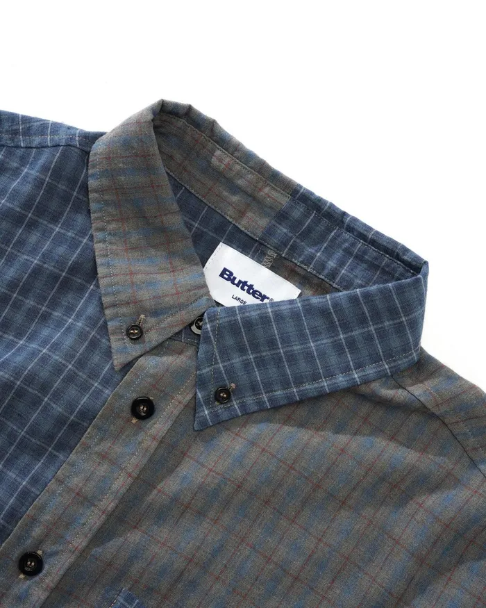 Butter Goods Shirts Men Patchwork Plaid LS Shirt Overdye Navy Butter Goods Shirts Men Patchwork Plaid LS Shirt Overdye Navy