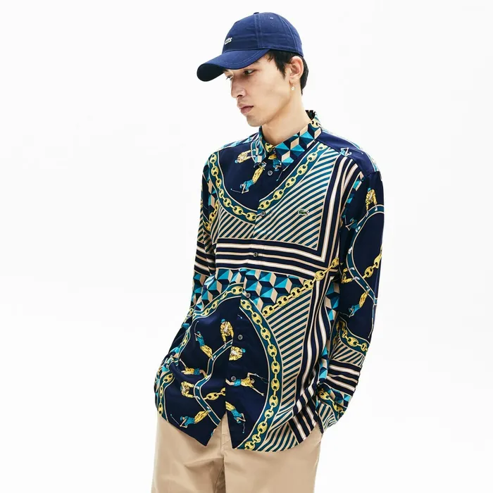 Button Down Shirts Lacoste Mens LIVE Relaxed Fit ScarfPrint Shirt Navy BlueWhite For Sale Online