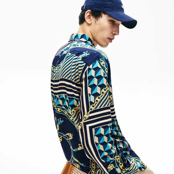 Button Down Shirts Lacoste Mens LIVE Relaxed Fit ScarfPrint Shirt Navy BlueWhite For Sale Online