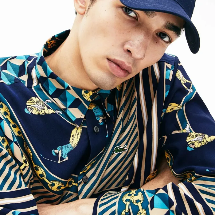 Button Down Shirts Lacoste Mens LIVE Relaxed Fit ScarfPrint Shirt Navy BlueWhite For Sale Online
