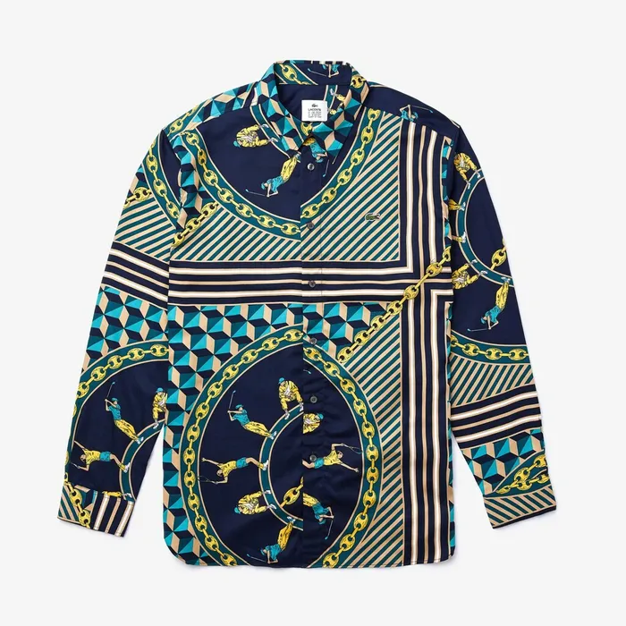 Button Down Shirts Lacoste Mens LIVE Relaxed Fit ScarfPrint Shirt Navy BlueWhite For Sale Online