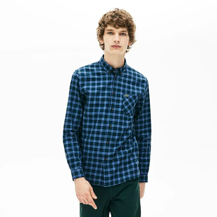 Button Down Shirts Lacoste Mens Regular Fit Check Cotton Shirt Blue Popular
