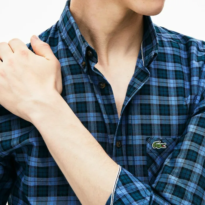 Button Down Shirts Lacoste Mens Regular Fit Check Cotton Shirt Blue Popular