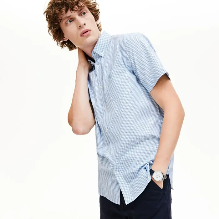 Button Down Shirts Lacoste Mens Regular Fit Checkered Cotton Shirt WhiteNavy Blue Gift 4 You