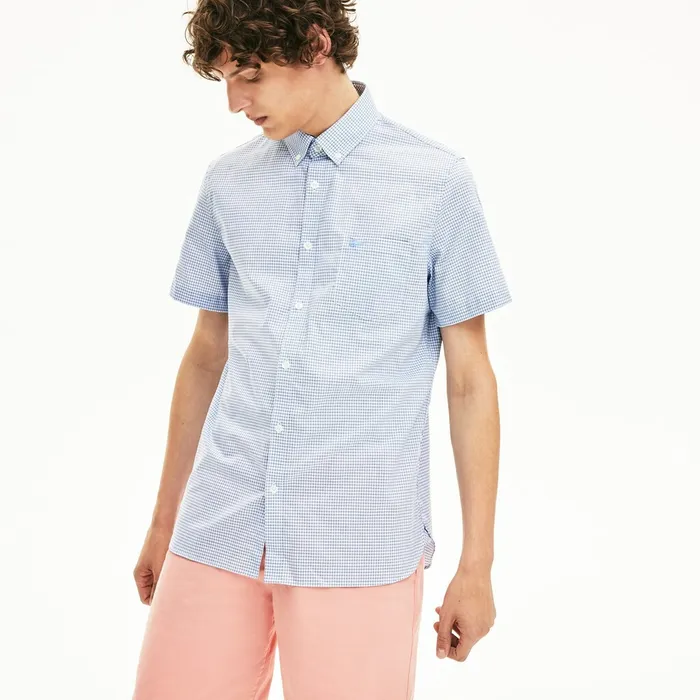 Button Down Shirts Lacoste Mens Regular Fit Checkered Cotton Shirt WhiteNavy Blue Gift 4 You