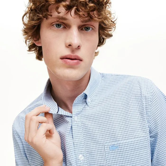 Button Down Shirts Lacoste Mens Regular Fit Checkered Cotton Shirt WhiteNavy Blue Gift 4 You