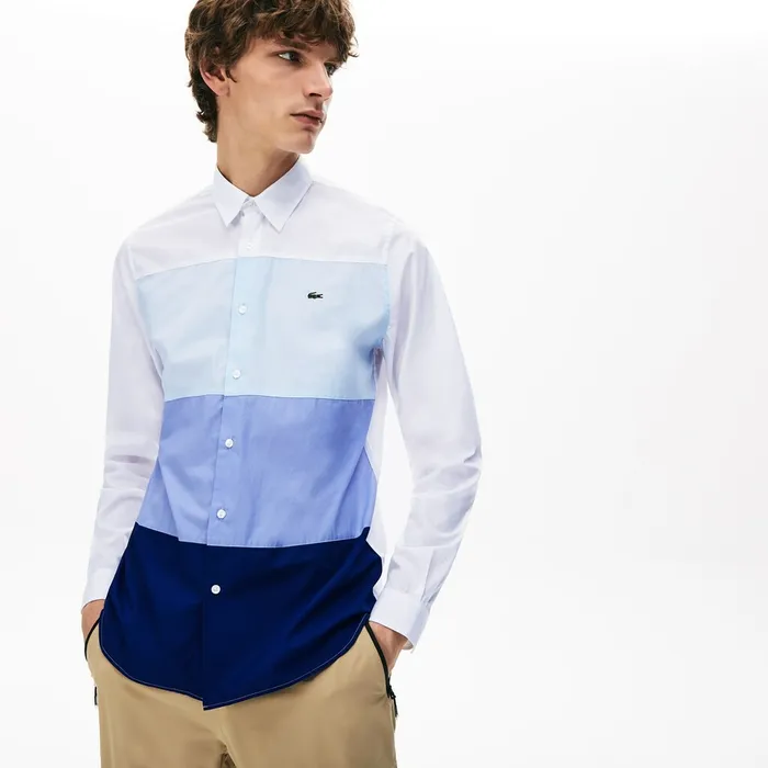 Button Down Shirts Lacoste Mens Regular Fit Colorblock Cotton Shirt Navy BluePurpleLight BlueWhite Online Store