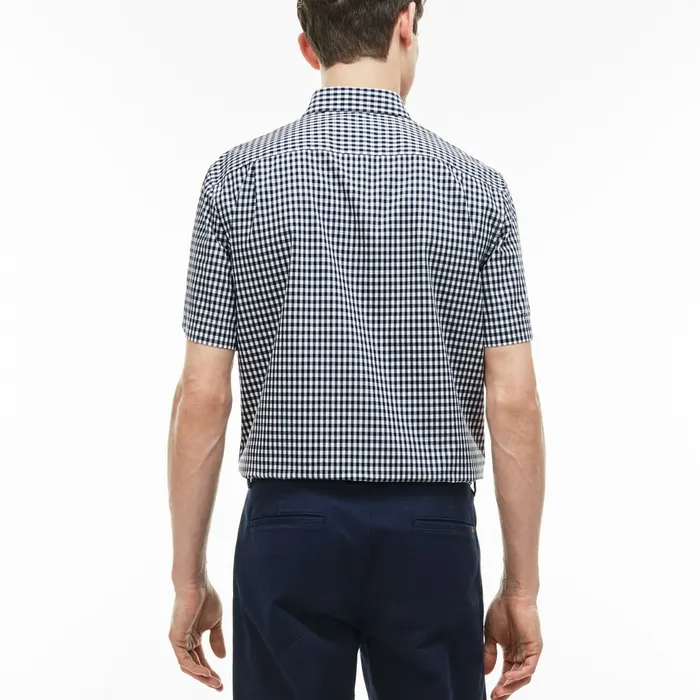 Button Down Shirts Lacoste Mens Regular Fit Gingham Poplin Shirt Navy BlueWhite Store