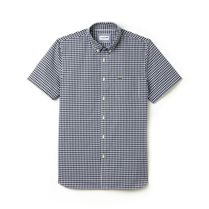 Button Down Shirts Lacoste Mens Regular Fit Gingham Poplin Shirt Navy BlueWhite Store