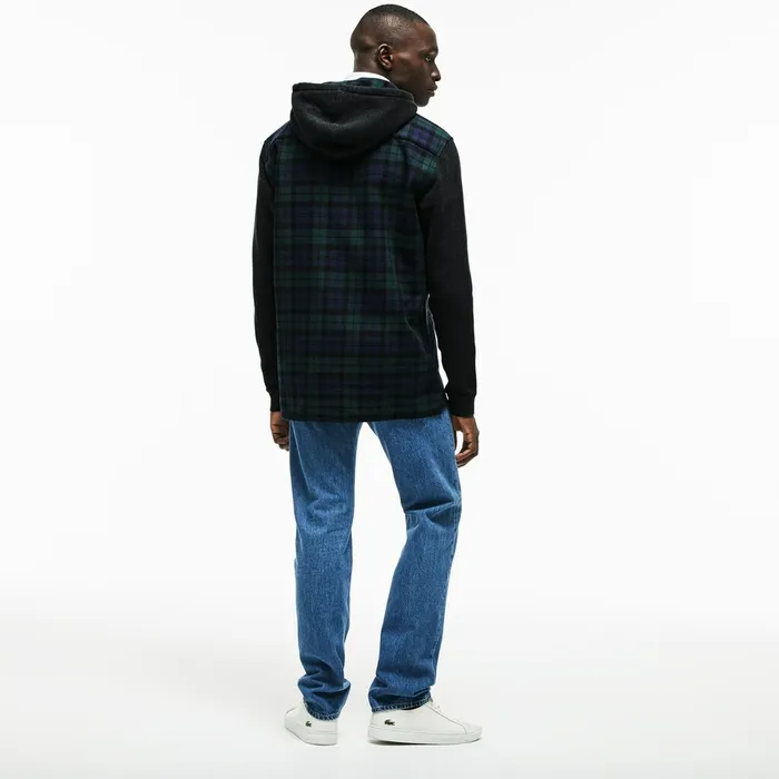 Button Down Shirts Lacoste Mens Regular Fit Hooded Check Cotton Flannel Shirt GreenWhite Cheap On Sale