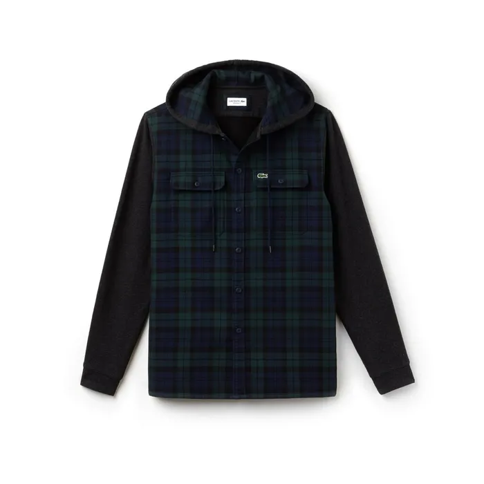 Button Down Shirts Lacoste Mens Regular Fit Hooded Check Cotton Flannel Shirt GreenWhite Cheap On Sale