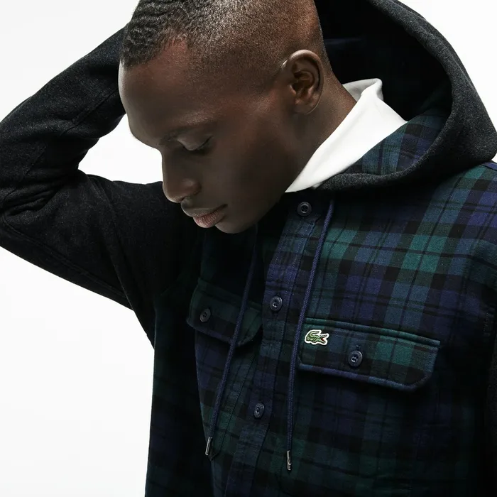 Button Down Shirts Lacoste Mens Regular Fit Hooded Check Cotton Flannel Shirt GreenWhite Cheap On Sale