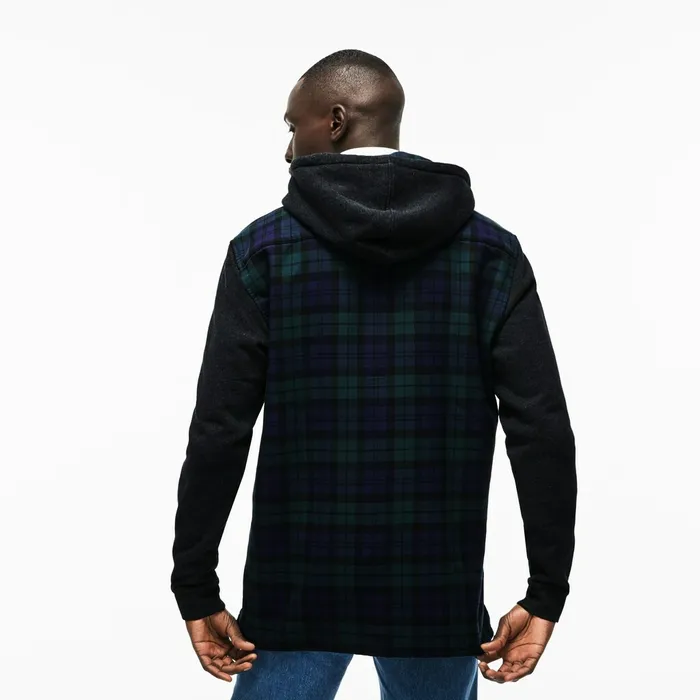 Button Down Shirts Lacoste Mens Regular Fit Hooded Check Cotton Flannel Shirt GreenWhite Cheap On Sale
