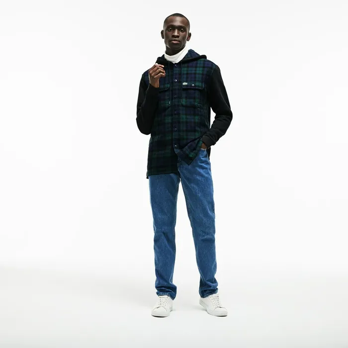 Button Down Shirts Lacoste Mens Regular Fit Hooded Check Cotton Flannel Shirt GreenWhite Cheap On Sale