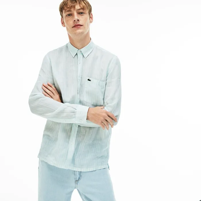 Button Down Shirts Lacoste Mens Regular Fit Linen Shirt Light Blue Gift 4 You