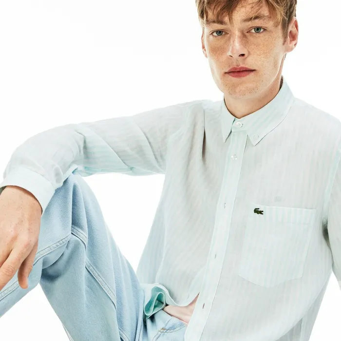 Button Down Shirts Lacoste Mens Regular Fit Linen Shirt Light Blue Gift 4 You
