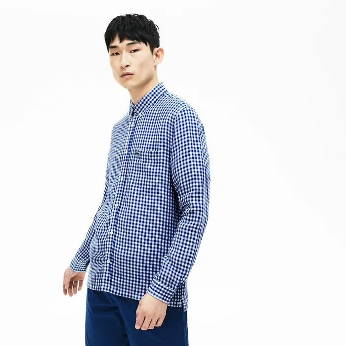 Button Down Shirts Lacoste Mens Regular Fit Linen Shirt Navy Blue USA