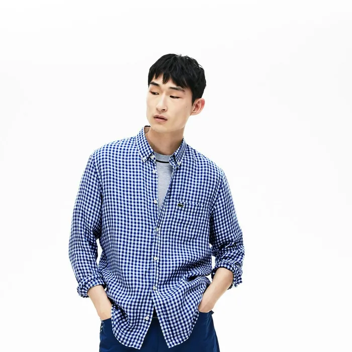 Button Down Shirts Lacoste Mens Regular Fit Linen Shirt Navy Blue USA