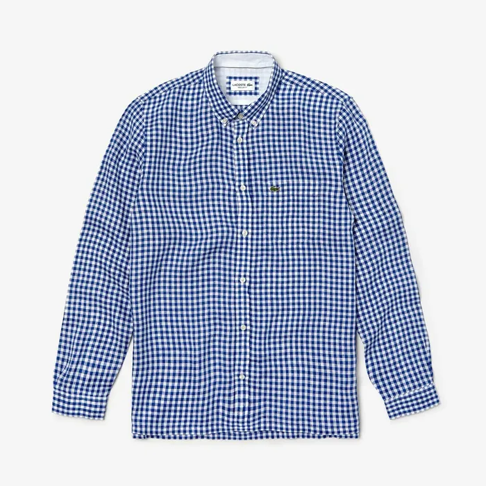 Button Down Shirts Lacoste Mens Regular Fit Linen Shirt Navy Blue USA